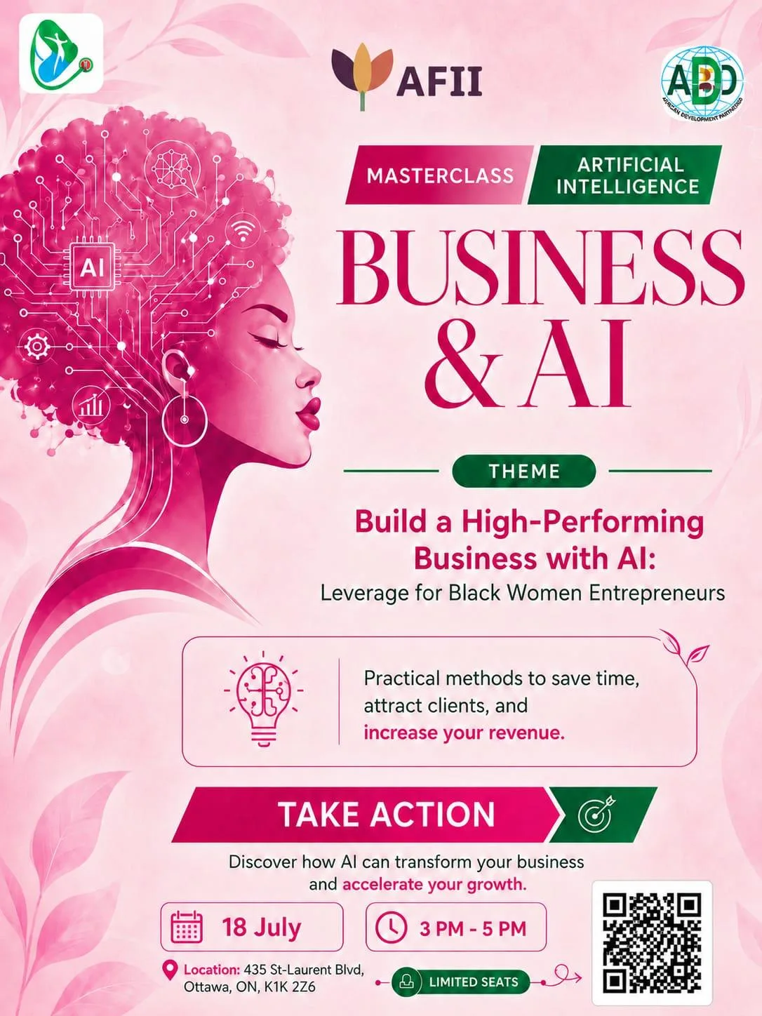 Poster for the Business & AI Masterclass, July 18, 2026, Ottawa.
